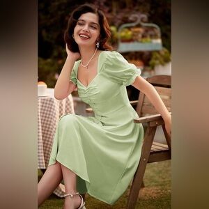 Sage Green Puff Sleeve Button-Front Midi Dress